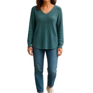 Ella Moss Ribbed Y2K Preppy Cozy Lightweight Teal V-Neck Sweater Women Size L